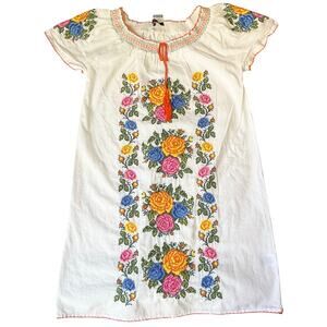 Durga Women Dress size M White See Through Floral Embroidery KneeLength Summer
